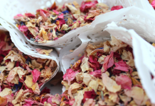 Dried flowers in pink and yellow colors, to be used as confetti instead of balloons.